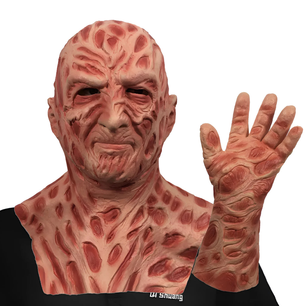 White latex horror grimace mask and gloves with Freddy Krueger styling on a dark surface