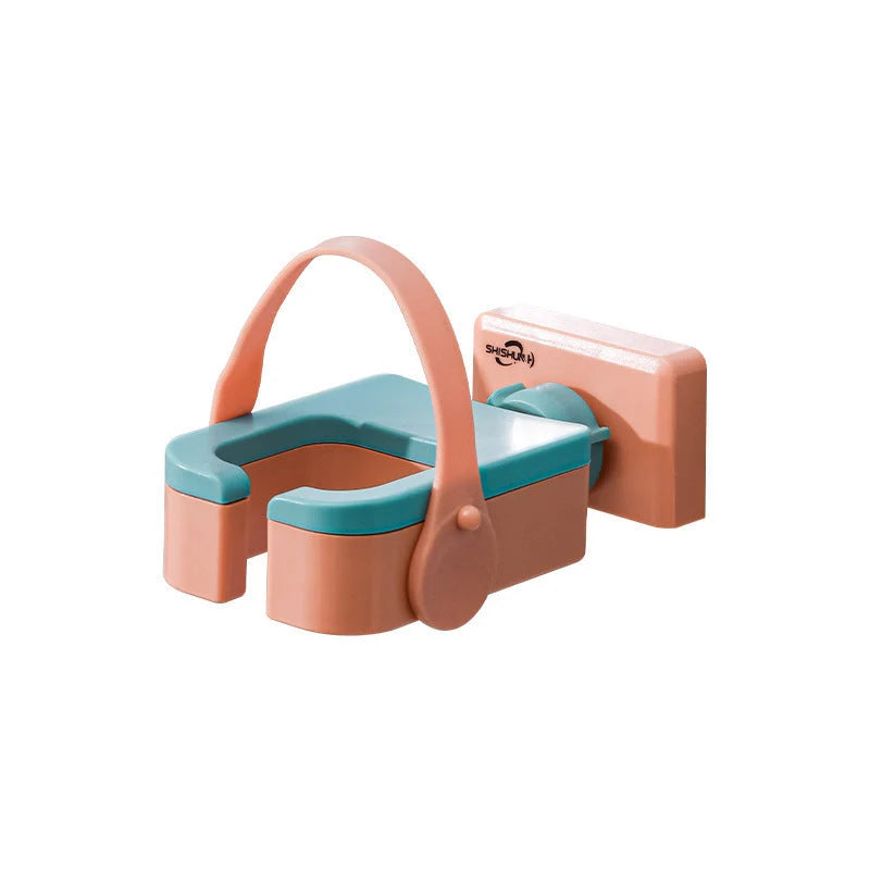 Adjustable wall-mounted hair dryer rack with silicone fixing belt in orange, pink, and green