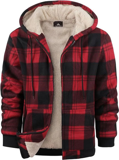 Men's plaid print hooded zip-up winter jacket with thickened cotton padding