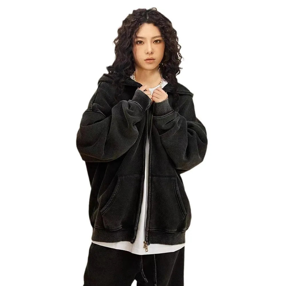 Men's dark green hooded cardigan sweater with a double zipper and fleece lining.