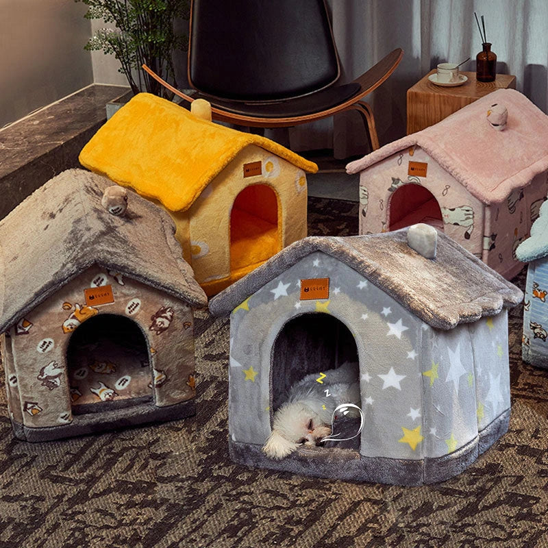 Cozy Pet Cave: Foldable plush dog house with warm removable cushion in various color options