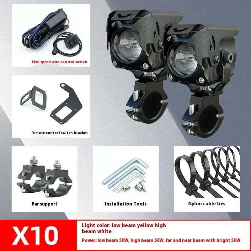Pair of LED motorcycle spotlights with brackets and wire group for vehicle modification