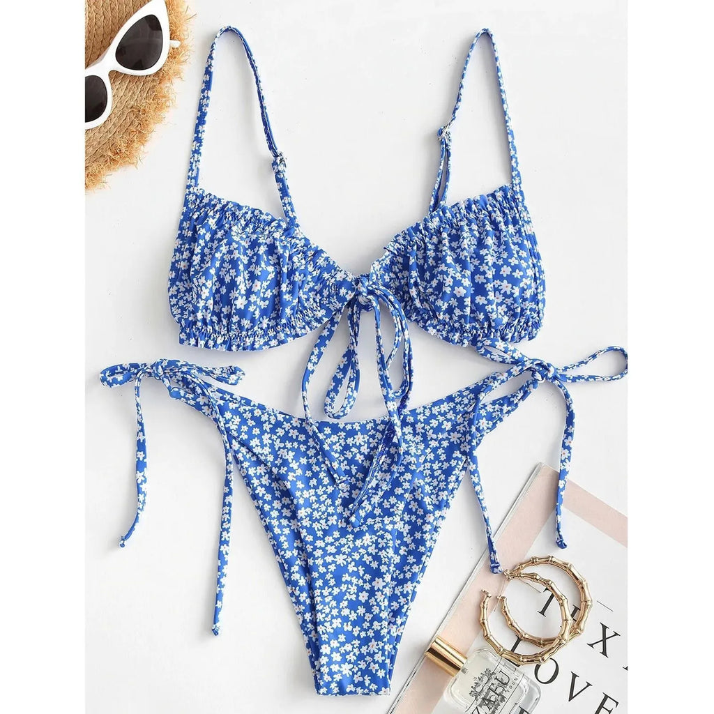 Women's printed multi-rope banded bikini swimsuit with short sleeves and lapel collar