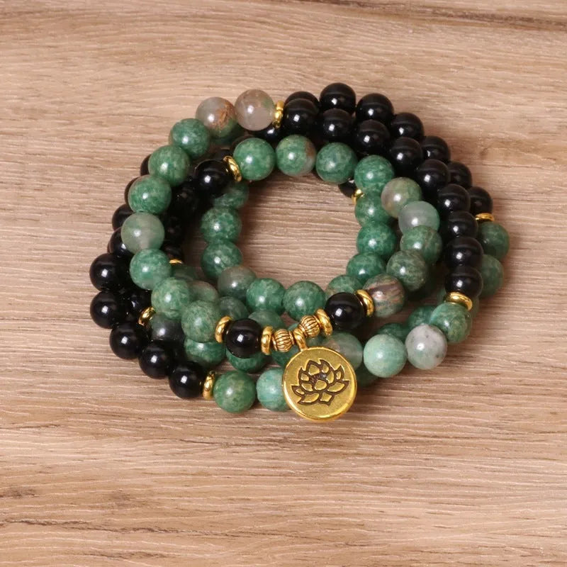 Green and black alloy elastic beaded long bracelet with natural style design