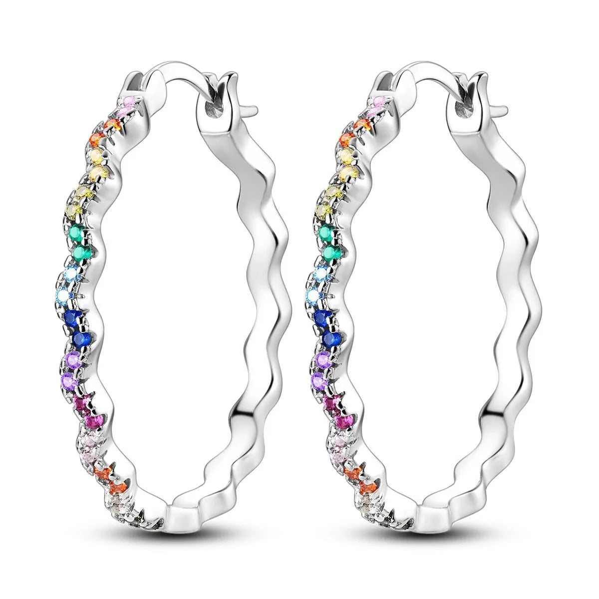 Geometric wave-shaped rhinestone earrings with colored diamonds, lightweight and stylish