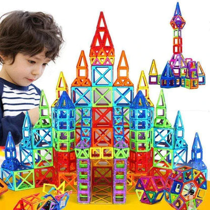 Premium magnetic building blocks in various shapes and sizes, showcasing the endless creative possibilities for kids