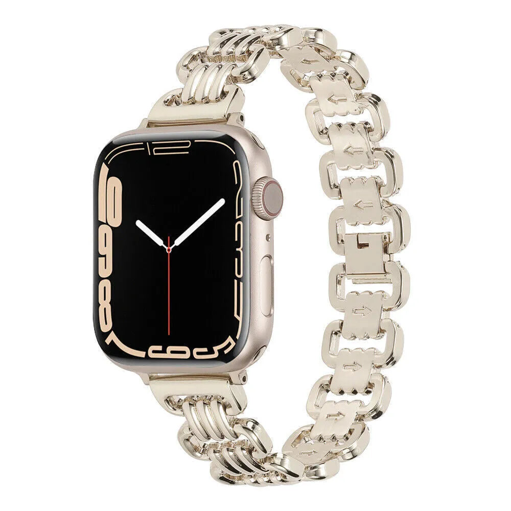 Stainless steel alloy Apple Watch band in silver, black, gold, rose gold, and starlight colours.