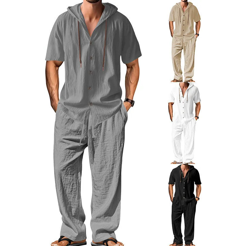 Men's casual cotton two-piece sports leisure suit in black, shown on a hanger.