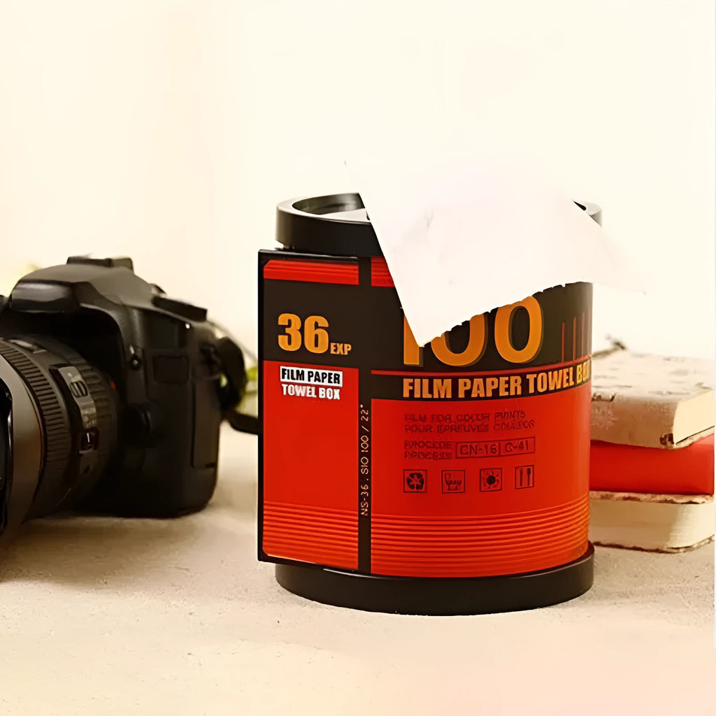 Retro film tissue box in red with creative design for roll paper extraction