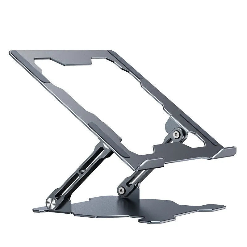 Grey aluminium laptop stand with adjustable angle, shown folded and unfolded next to a laptop.