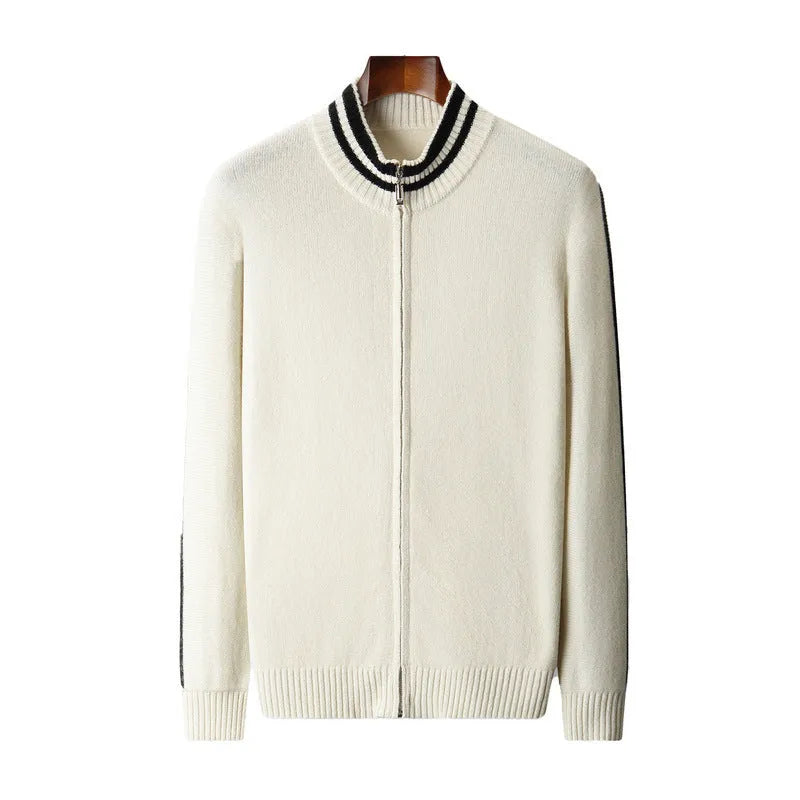 Men's half-high collar knitted striped cardigan in white and black, loose fit with Korean style, sizes S to 3XL