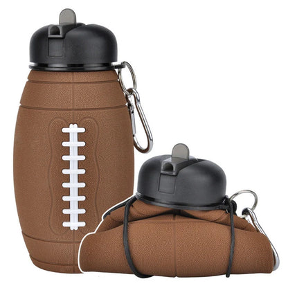 Brown rugby-shaped collapsible water bottle with leak-proof seal