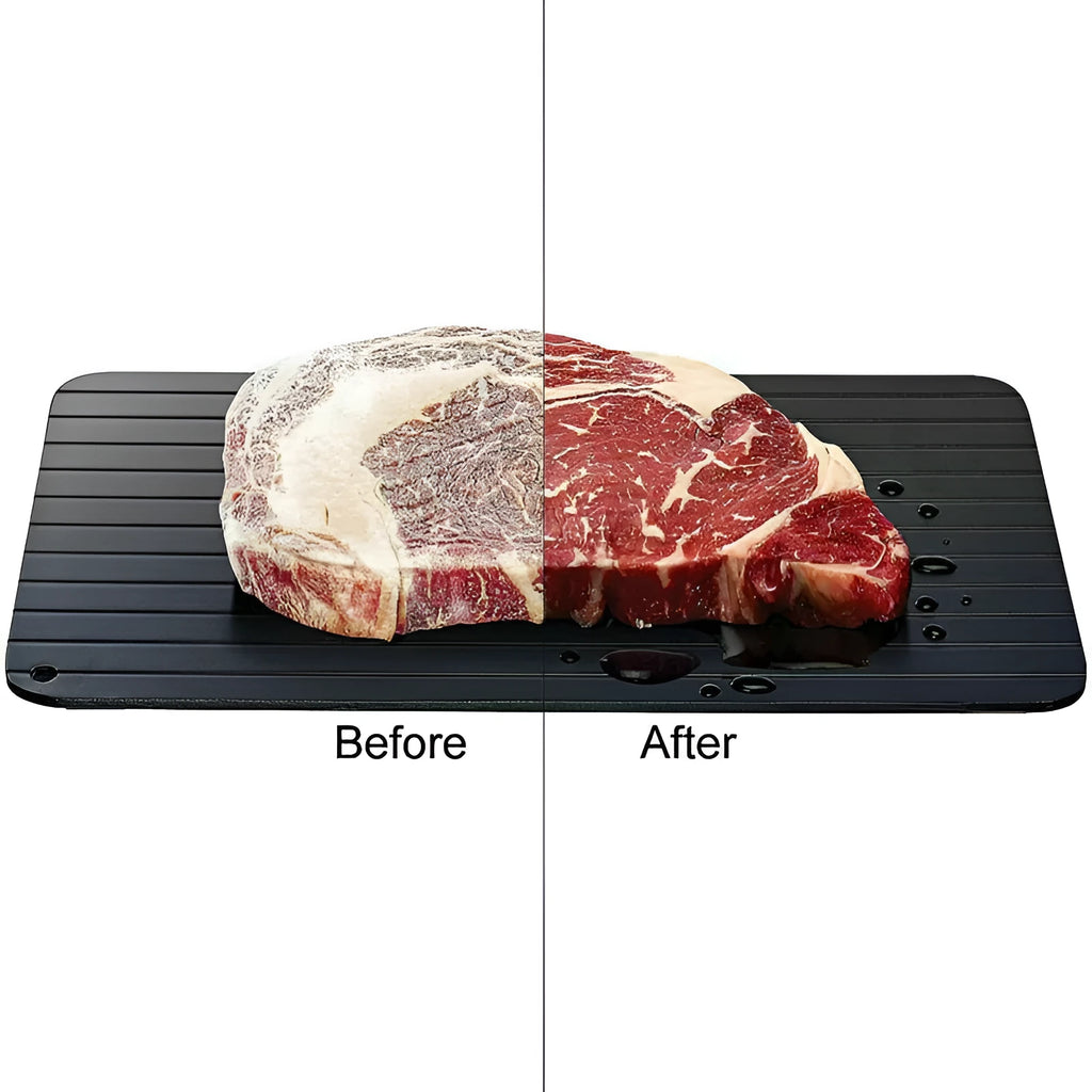 Black aluminium fast defrost tray for thawing frozen meat and food quickly without electricity.