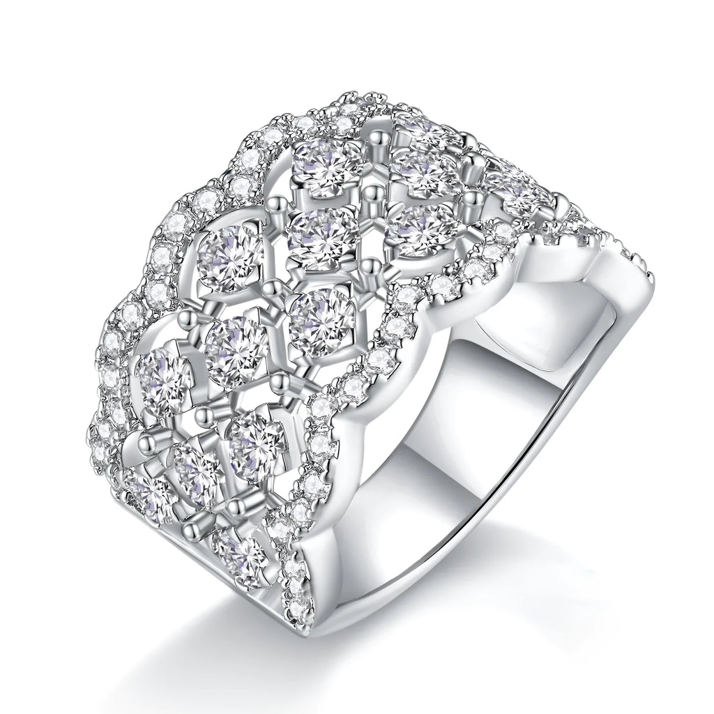 Lace Snowflake moissanite wedding ring set in S925 silver with platinum plating on a black background