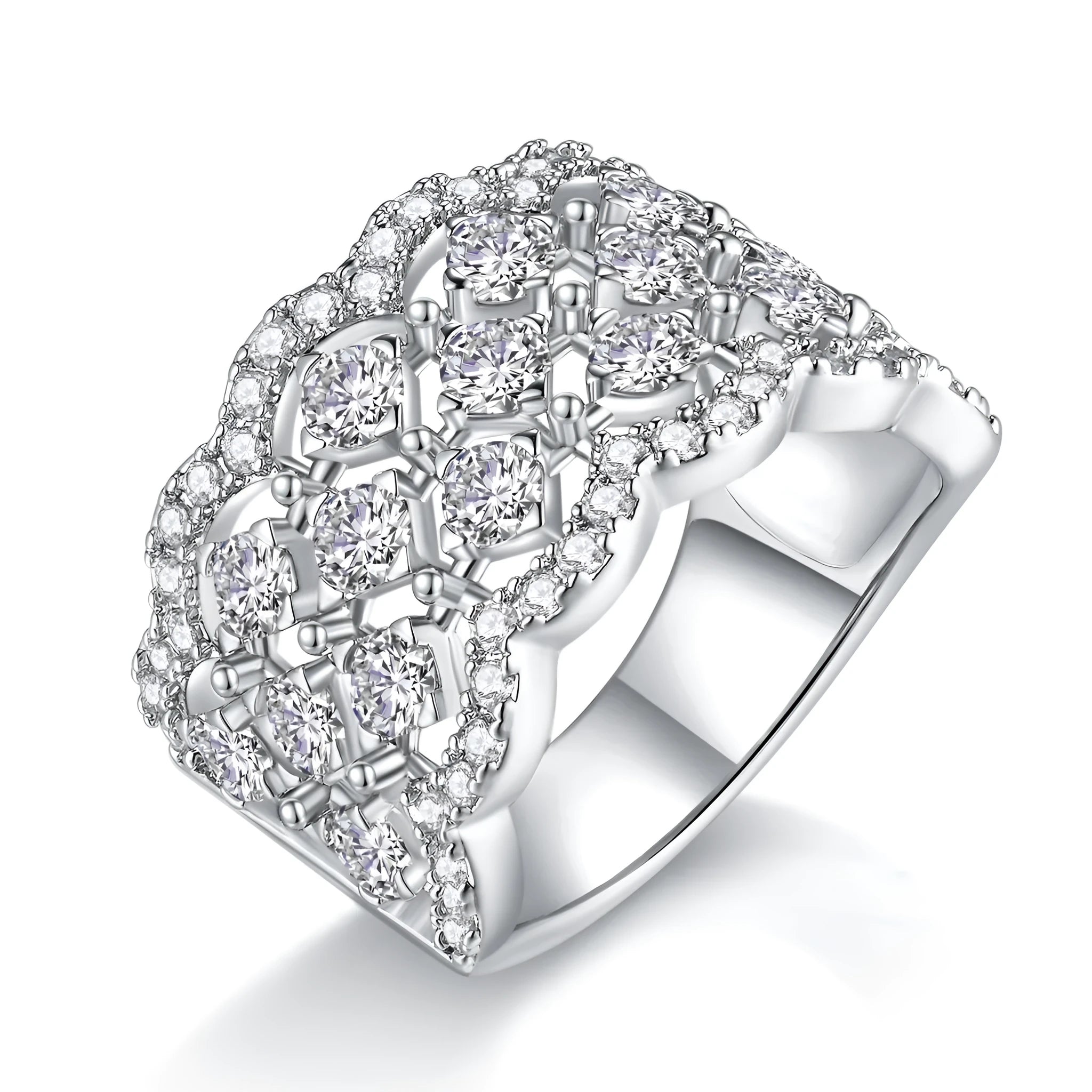 Lace Snowflake moissanite wedding ring set in S925 silver with platinum plating on a black background