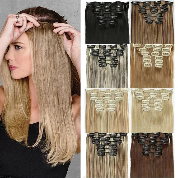 Long straight hair wig extensions 6-piece set 60cm high temperature fibre non-hot dye
