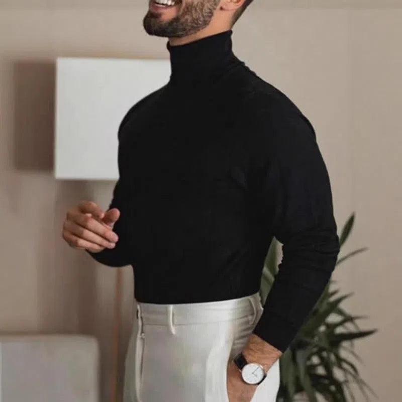 Men's autumn winter turtleneck cotton sweater in black, long sleeves, pullover style