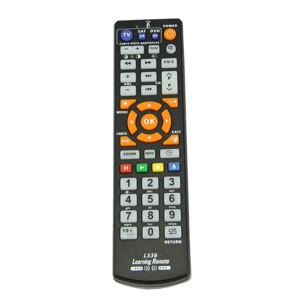 Black L336 universal learning remote control with infrared transmitter and standard entertainment button layout