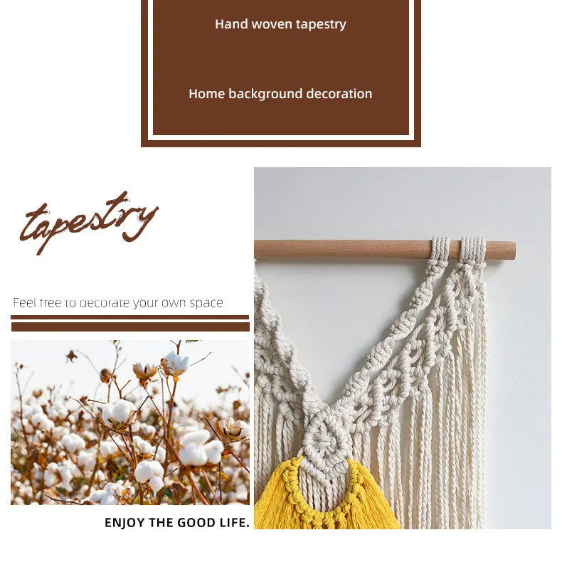 Nordic style hand-woven cotton tapestry wall hanging creamy-white yellow 120cm by 95cm rectangle