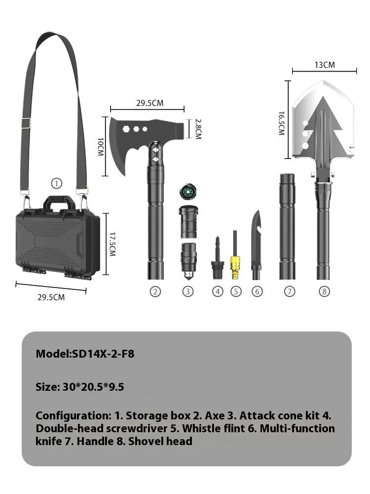 Black multifunctional military shovel set with axe, knife, and accessories, showing 80cm length and storage suitcase.