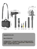 Black multifunctional military shovel set with axe, knife, and accessories, showing 80cm length and storage suitcase.