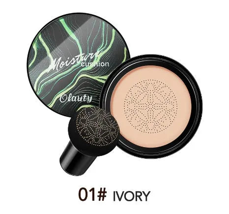 Air cushion BB cream foundation concealer in compact case with mushroom sponge, Ivory 01 and Natural 02 shades