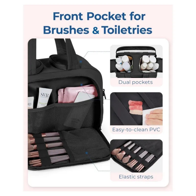 Large fluffy travel toiletry bag in creamy-white, shown wide open with dimensions 29.97 by 18.54 by 21.08 cm.