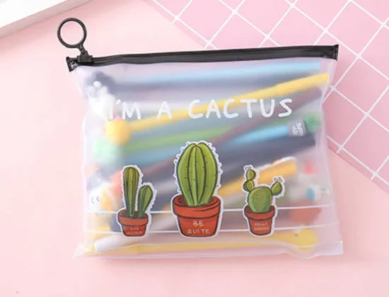 Twenty colourful cartoon cactus pens with Marvel designs in plastic storage case