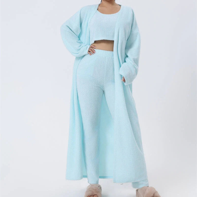 Cozy 3-Piece Loungewear Set - Soft and fluffy women's winter pajama set with crop top, wide-leg pants, and matching pullover