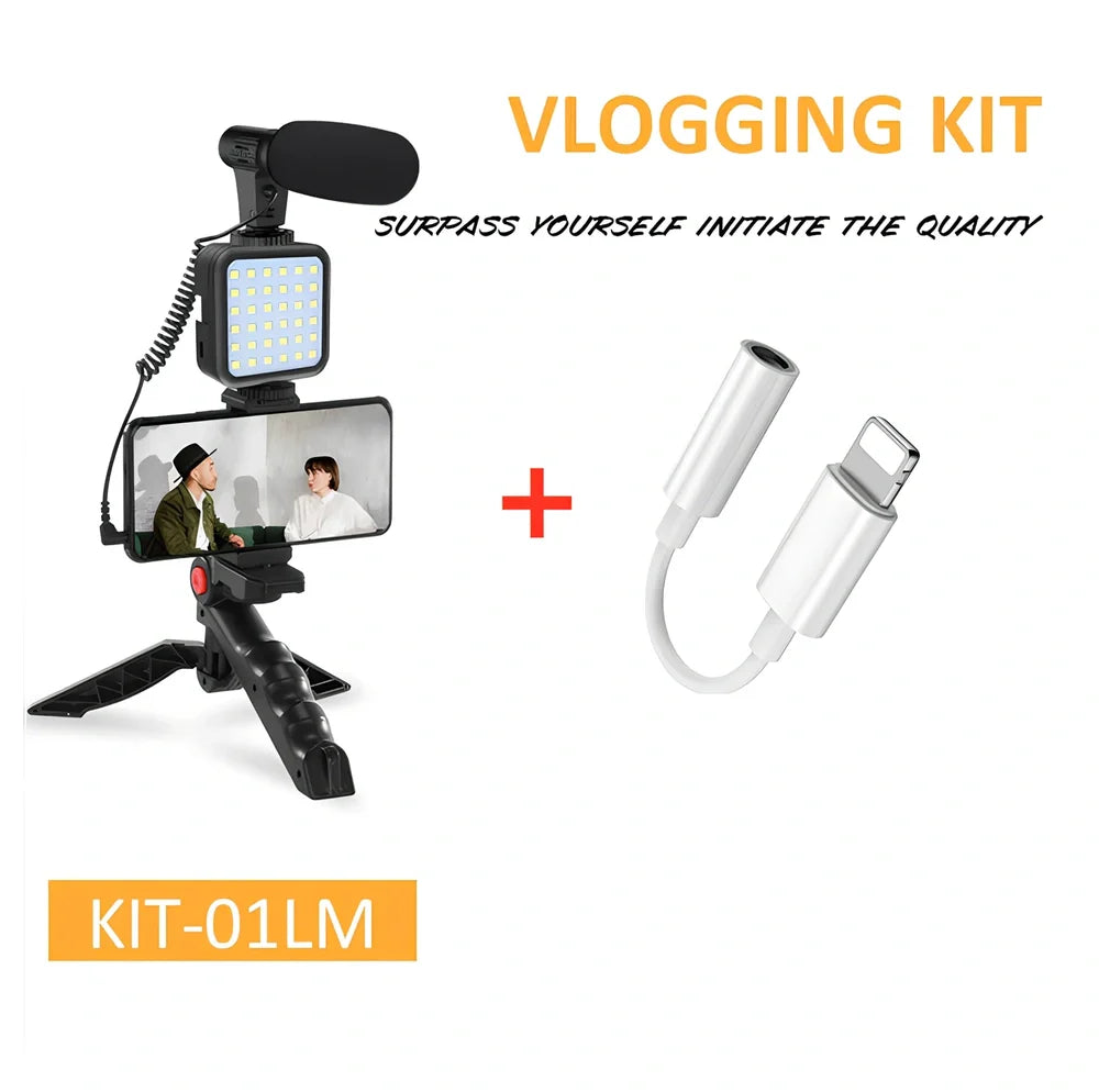 Black tripod head set with 150cm height, condenser mic, compatible with iPhone for stable camera recording