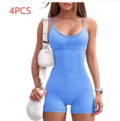 Stylish spaghetti strap romper in a variety of vibrant colors, designed for fashion, fitness, and everyday comfort.