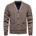 Man wearing a brown striped cardigan sweater with a wool lining, button front and long sleeves.