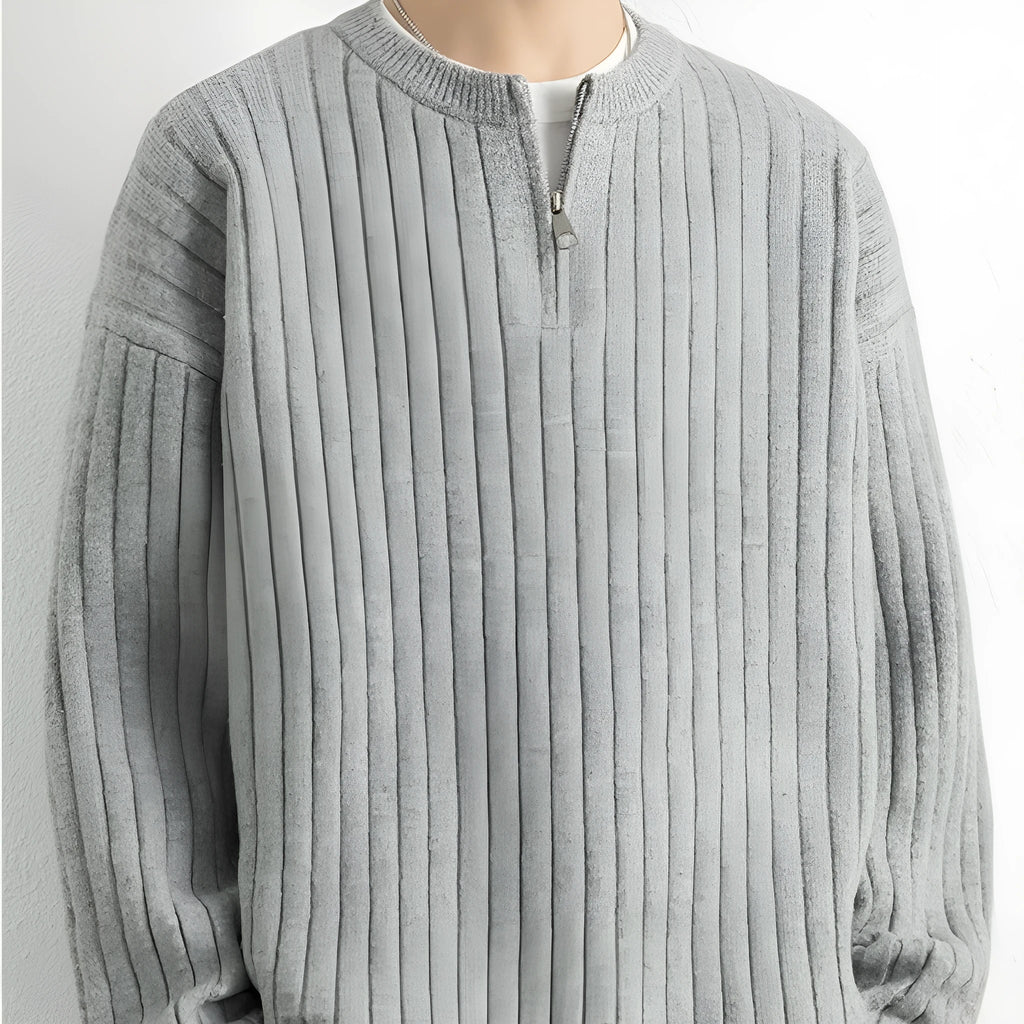 Men's grey half zipper loose pullover sweater with textured knit pattern and long sleeves