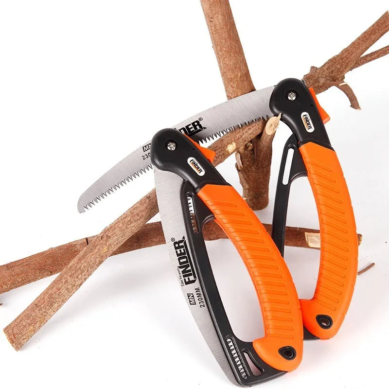 A folding garden hand saw with a black TPR grip and a 230mm steel blade, shown both open and closed.