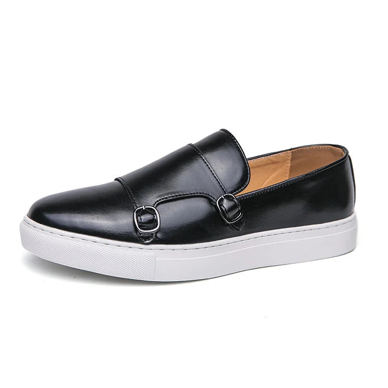 Men's business casual slip-on loafers in black and brown with rubber sole