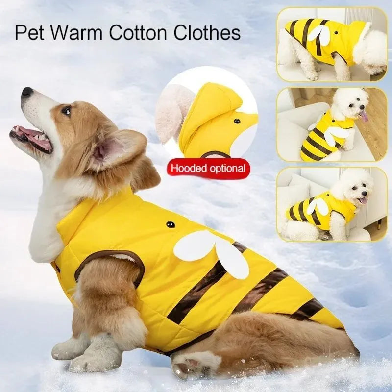 Warmly dog coat with bee print, yellow, velvet lined, turtleneck collar, winter jacket on a dog
