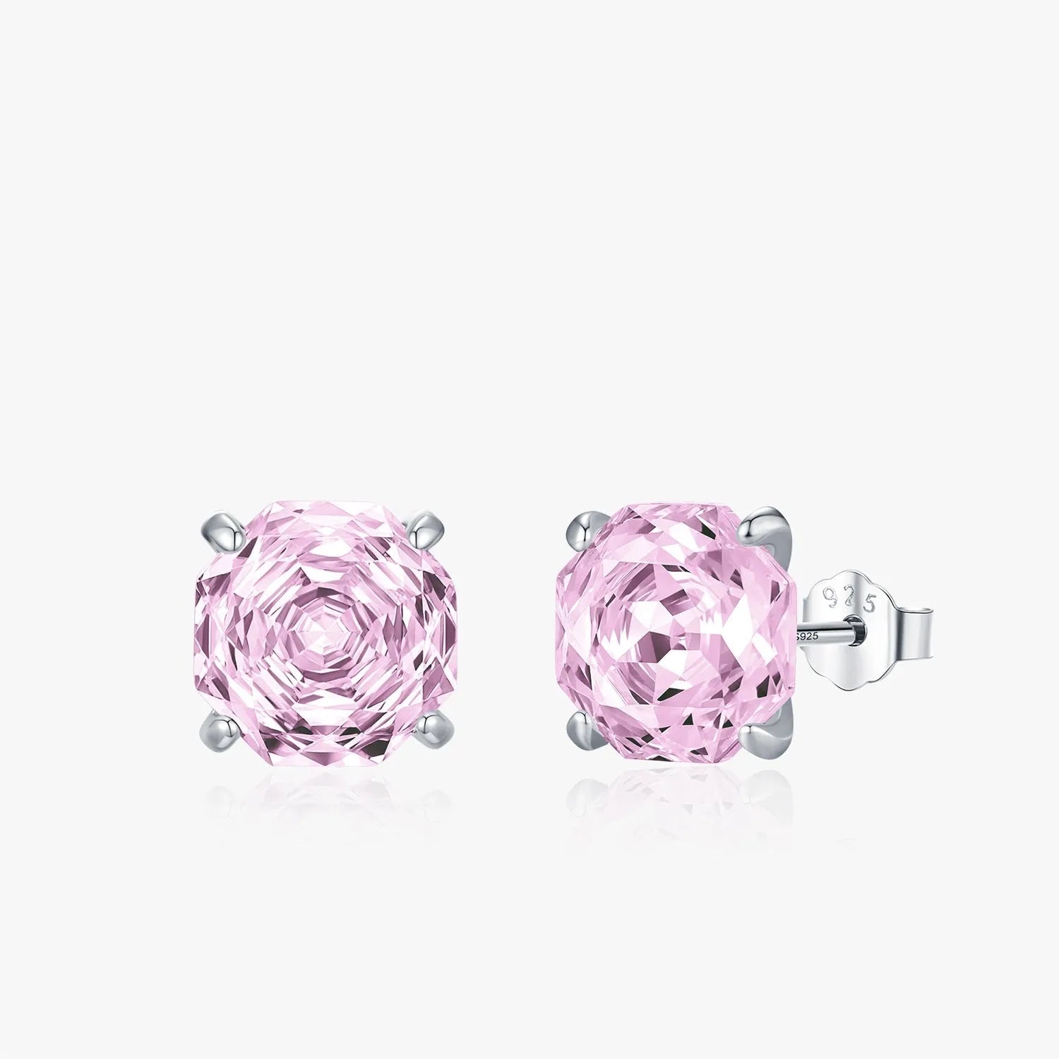 Close-up of S925 sterling silver rose stud earrings for women in pink, showing 6mm and 8mm size options.