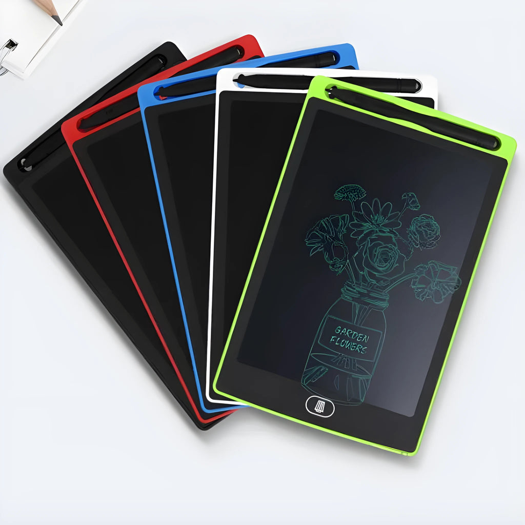 Electronic writing board for children with plastic construction and drawing surface in four colour options
