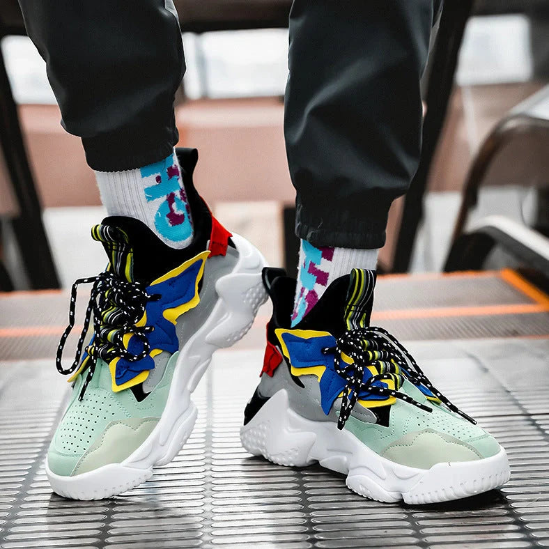 Thick-soled breathable student sneakers in grey, green, and blue with fly-woven mesh upper