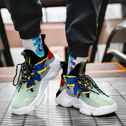 Thick-soled breathable student sneakers in grey, green, and blue with fly-woven mesh upper