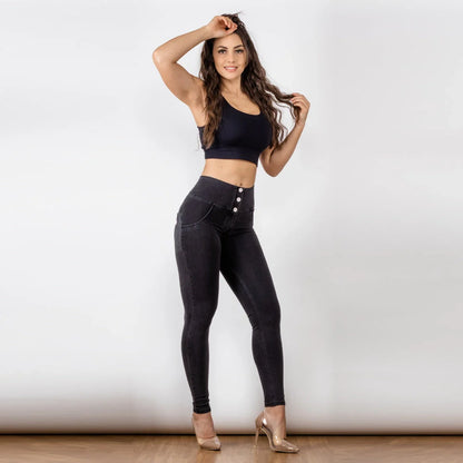 Black women's high waist jeans with button-up hip raise in British style
