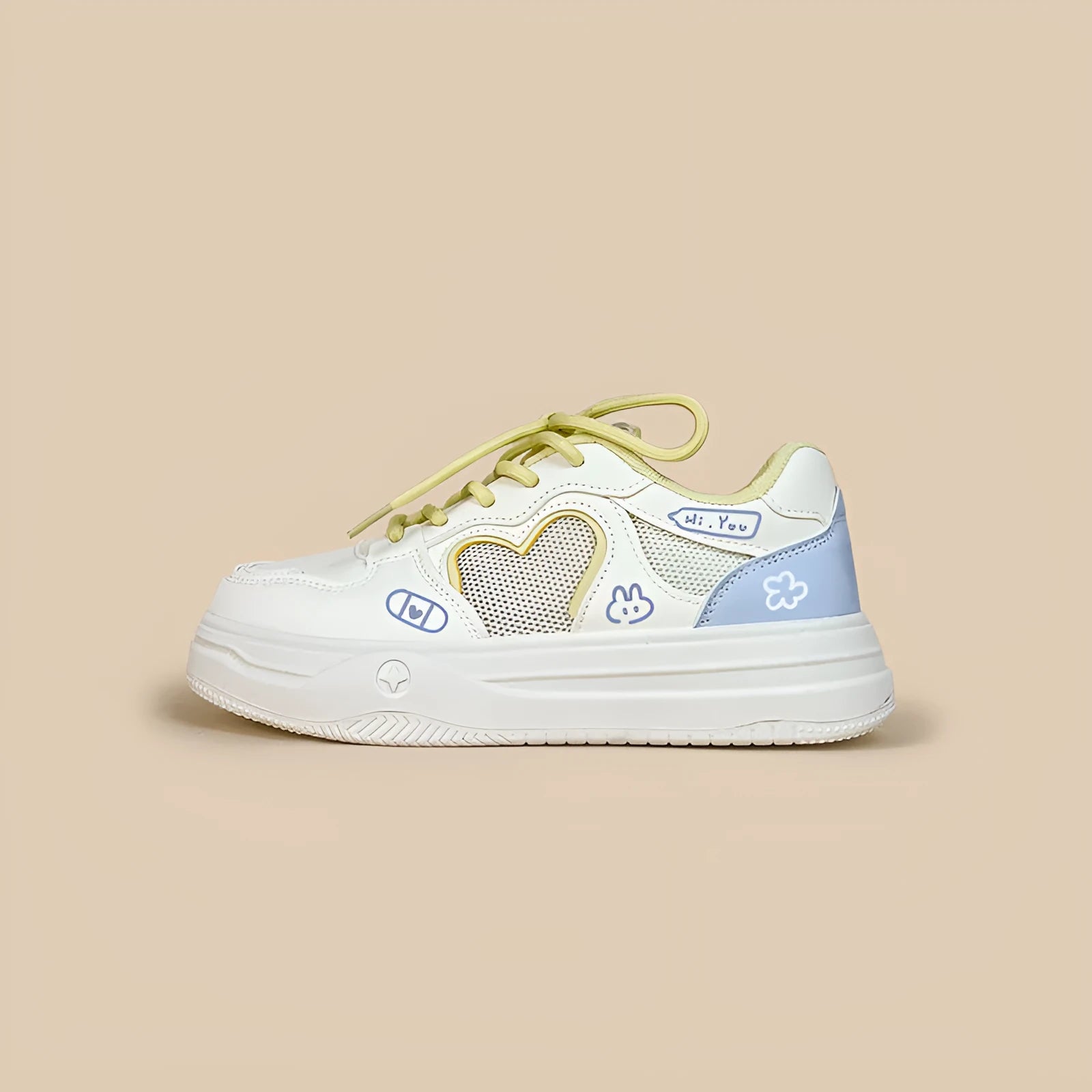 Korean summer mesh sneakers in Meow Rabbit Sea Salt Cheese colour with cross straps