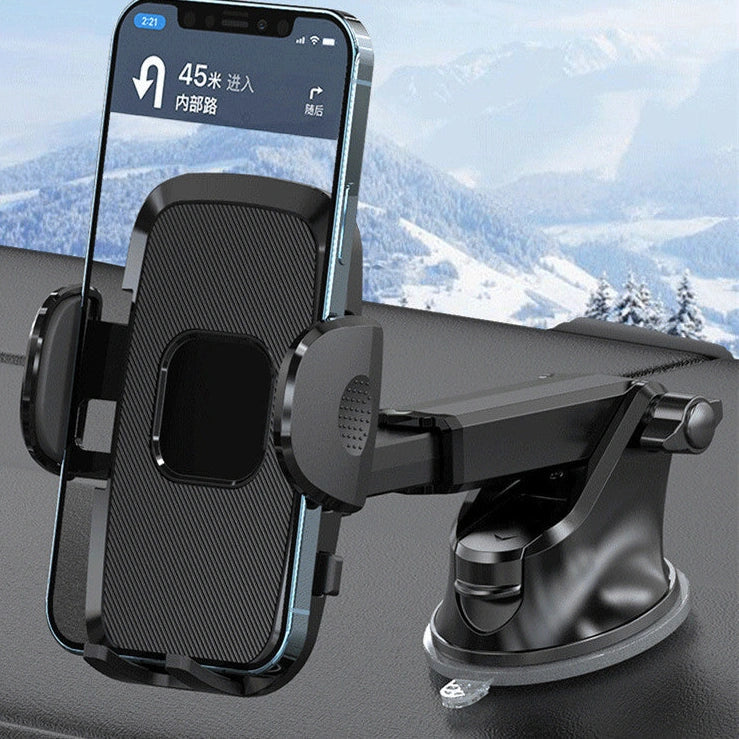 Gravity-activated car phone mount with enhanced suction cup attached to windshield holding smartphone