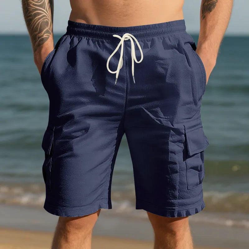 Men's linen casual shorts with multiple pockets in straight cut design