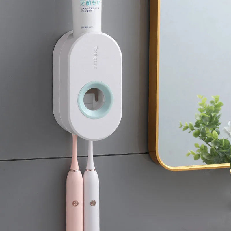 Second generation plastic toothpaste dispenser in green and pink, non-punching mount, 15cm height, high-quality polypropylene