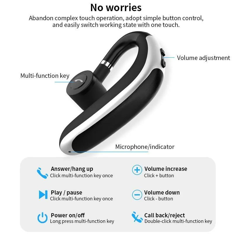 Wireless hanging ear Bluetooth headset in black with in-ear design and battery display