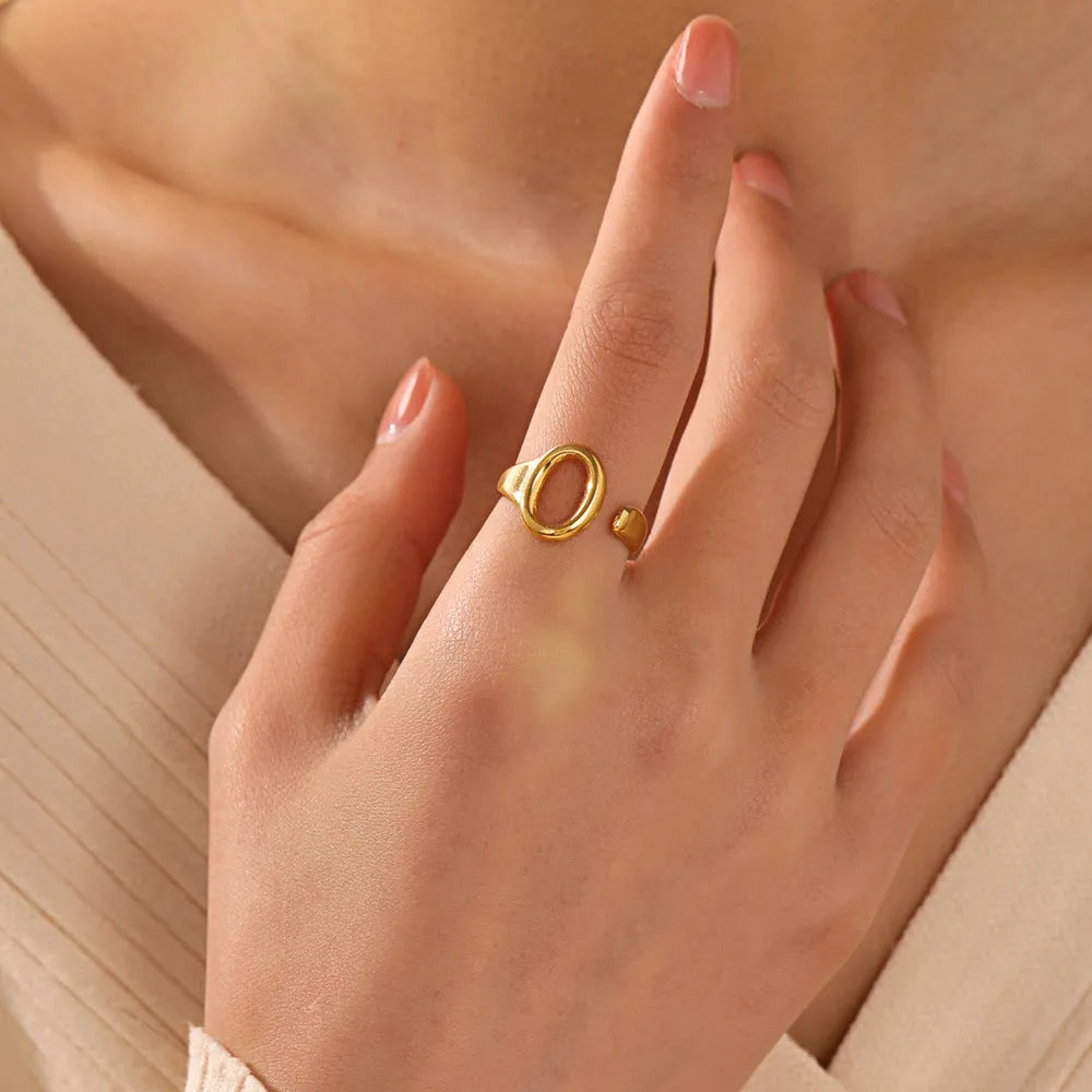Oval ins style electroplating adjustable stainless steel ring for women, gold colour, geometric shape