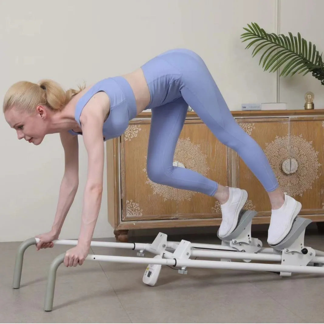 White foldable home fitness machine with integrated treadmill and climbing frame