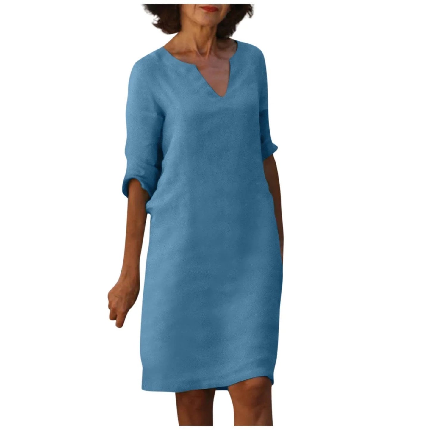 Cotton and linen V-neck dress with retro high waist design in various colours
