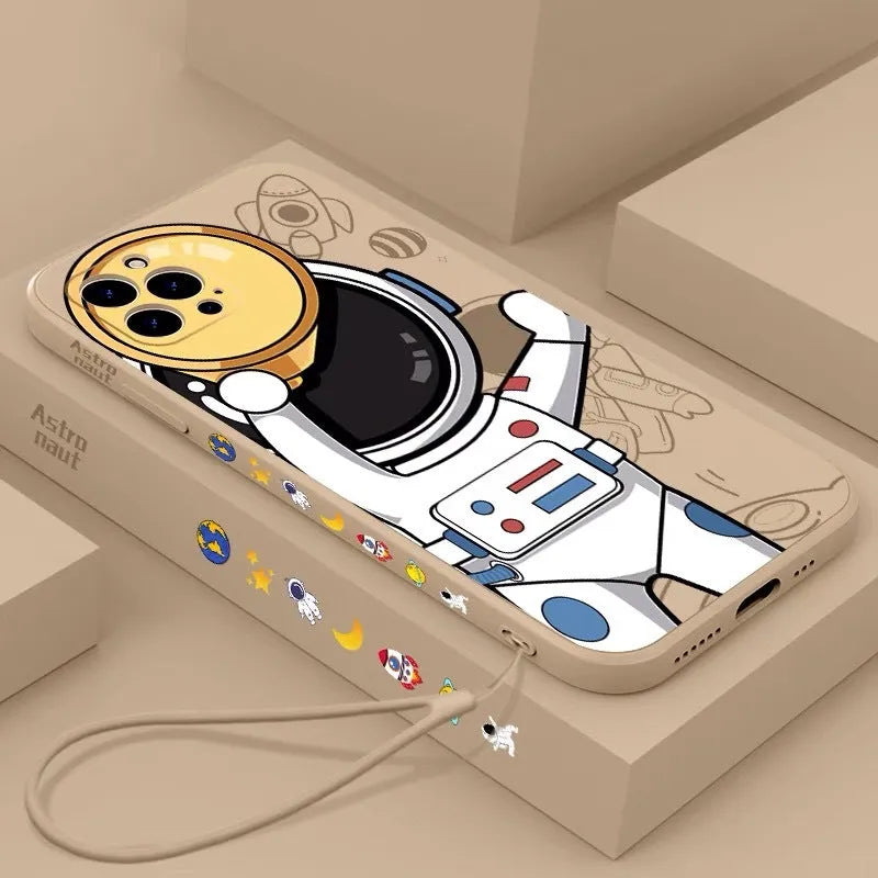 Cartoon astronaut design on a soft black silicone phone case for iPhone, showing a telescope and planets.
